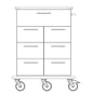 Line drawing of a Novocal care and work trolley chassis made of solid plastic with a large top drawer, six smaller drawers in two rows, a right side handle, and four swivel casters at the base.