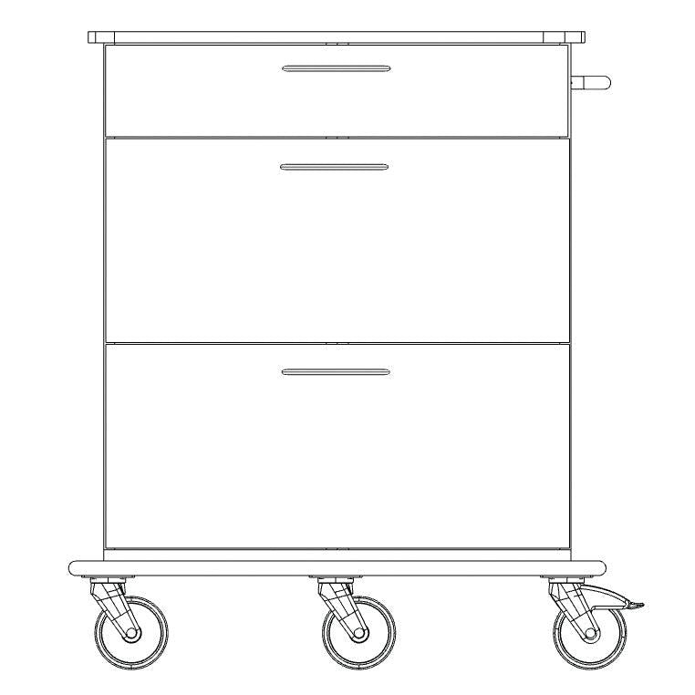 Black-and-white line drawing of the Novocal care and work cart chassis made of full plastic with three drawers, four swivel casters (one with a brake lever), and a handle on the right side. Package: 1 piece. Brand: Novocal.