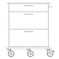 Black-and-white line drawing of the Novocal care and work cart chassis made of full plastic with three drawers, four swivel casters (one with a brake lever), and a handle on the right side. Package: 1 piece. Brand: Novocal.
