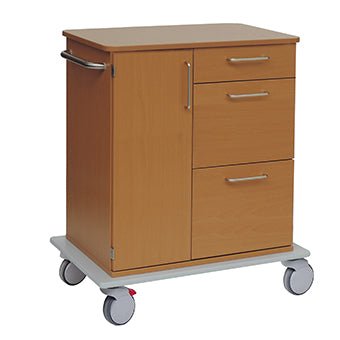The Novocal care and work trolley features a robust full plastic chassis, two drawers, a door with metal and side handles, and a white base with four swivel casters. Brand: Novocal. Package: 1 piece.