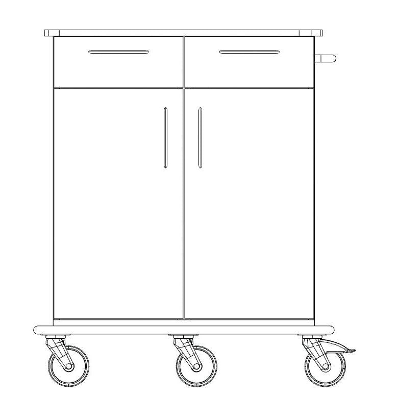 Black and white line drawing of the Novocal care and work cart, a full plastic work cart with two upper drawers, two lower doors, a right-hand handle, and four large wheels. Brand: Novocal. Package: 1 piece.
