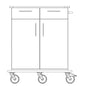 Black and white line drawing of the Novocal care and work cart, a full plastic work cart with two upper drawers, two lower doors, a right-hand handle, and four large wheels. Brand: Novocal. Package: 1 piece.