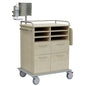 A Novocal care and work cart with four drawers, six open compartments, side handles, and four swivel casters. A metal bracket with a hand sanitizer dispenser is attached to the upper left corner of the full plastic panel chassis.