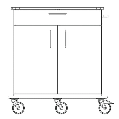 Black and white line drawing of the Novocal care and work cart with a full plastic base, top drawer, two lower doors, handle on the right side, and four swivel casters (one of which is braked). Brand: Novocal. 1 piece per package.