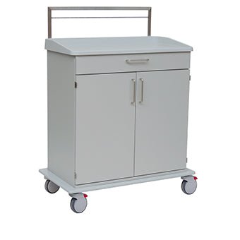 A white Novocal care and work cart with a flat full plastic top, a drawer, two cabinet doors with metal handles, four wheels with red safety locks, and a metal rail along the rear edge for additional utility.