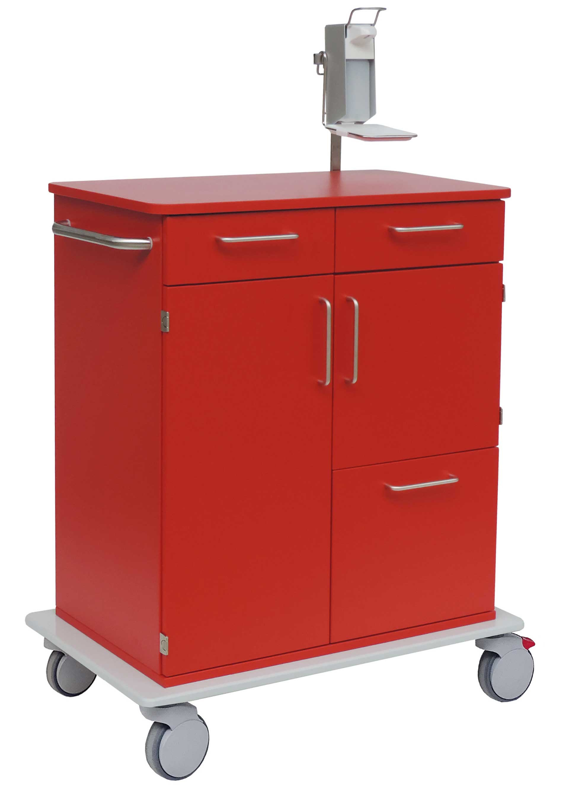 Ein roter Novocal Pflege- und Arbeitswagen mit zwei Schubladen, zwei Schränken, einem Seitengriff, vier grauen Rädern und einem oberen Metallaufsatz steht vor einem weißen Hintergrund - ideal für Pflegeeinrichtungen.