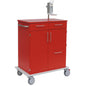 A red Novocal care and work cart with two drawers, two cabinets, a side handle, four gray wheels, and a top metal attachment stands against a white background - ideal for care facilities.