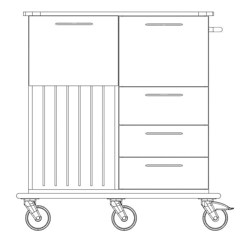 Black-and-white line drawing of the Novocal care and work cart: four wheels, three right drawers, left cabinet with vertical slats, spacious compartment for transporting work materials, and a handle on the right side. Brand: Novocal.