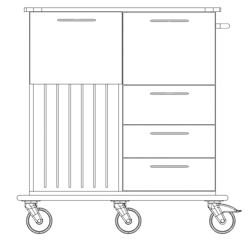 Schwarz-weiße Strichzeichnung des Novocal Pflege- und Arbeitswagens: vier Räder, drei rechte Schubladen, linker Schrank mit vertikalen Lamellen, geräumiges Fach für den Transport von Arbeitsmaterialien und ein Griff auf der rechten Seite. Marke: Novocal.
