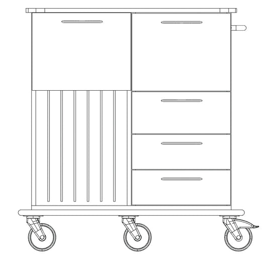 Schwarz-weiße Strichzeichnung des Novocal Pflege- und Arbeitswagens: vier Räder, drei rechte Schubladen, linker Schrank mit vertikalen Lamellen, geräumiges Fach für den Transport von Arbeitsmaterialien und ein Griff auf der rechten Seite. Marke: Novocal.