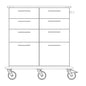 Black and white line drawing of the Novocal care and work cart tell, with six drawers, four wheels, side handles, rectangular handles, and a continuous full plastic plate on the top. Brand: Novocal.