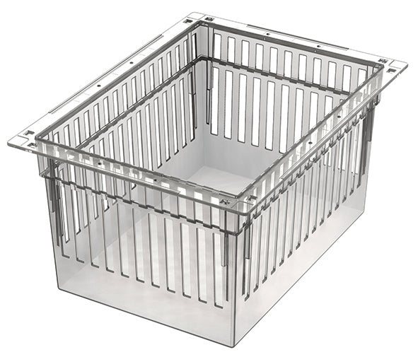 Das Novocal PC-Modul ist ein transparenter, teilbarer Aufbewahrungsbehälter (400 x 300 x 200 mm) mit rechteckiger Form, vertikalen Schlitzen und breitem Rand oben. Inkl. Auszugsstopps, ideal für modulare Anwendungen.