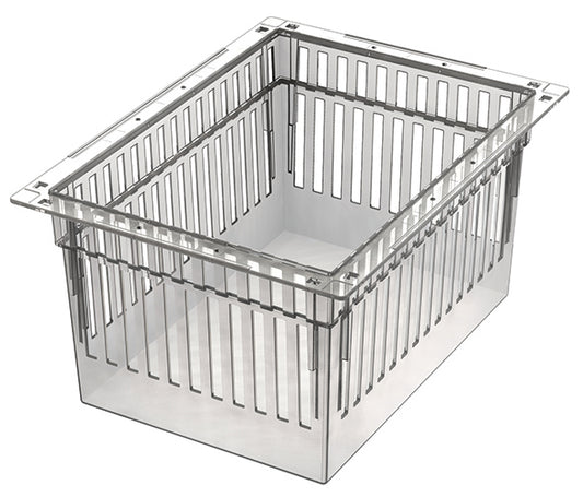 Das Novocal PC-Modul ist ein transparenter, teilbarer Aufbewahrungsbehälter (400 x 300 x 200 mm) mit rechteckiger Form, vertikalen Schlitzen und breitem Rand oben. Inkl. Auszugsstopps, ideal für modulare Anwendungen.