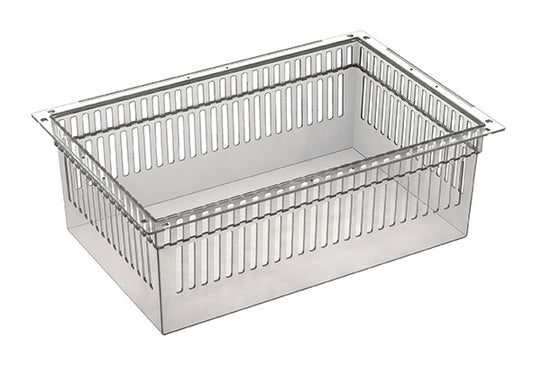 Das Novocal PC-Modul transparent teilbar (600 x 400 x 200 mm) ist ein leerer, klarer Kunststoff-Aufbewahrungsbehälter mit vertikalen Schlitzen und flachem Rand, ideal für die Aufbewahrung von PC-Komponenten. Abgebildet auf weißem Hintergrund. Inklusive Auszugsstopps. Verpackung: 1 Stück.