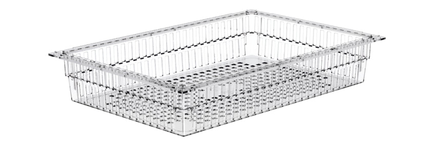 Der Novocal PC-Korb transparent teilbar (600 x 40 mm) ist ein durchsichtiger, rechteckiger Aufbewahrungsbehälter mit gelochtem Boden und gerippten Seiten zur Belüftung, leer auf weißem Hintergrund dargestellt. Inklusive Auszugsstopps. Ideal für Büro-Aufbewahrung. Packung: 1 Stück.