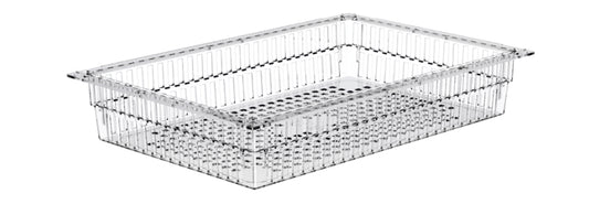 Der Novocal PC-Korb transparent teilbar (600 x 40 mm) ist ein durchsichtiger, rechteckiger Aufbewahrungsbehälter mit gelochtem Boden und gerippten Seiten zur Belüftung, leer auf weißem Hintergrund dargestellt. Inklusive Auszugsstopps. Ideal für Büro-Aufbewahrung. Packung: 1 Stück.