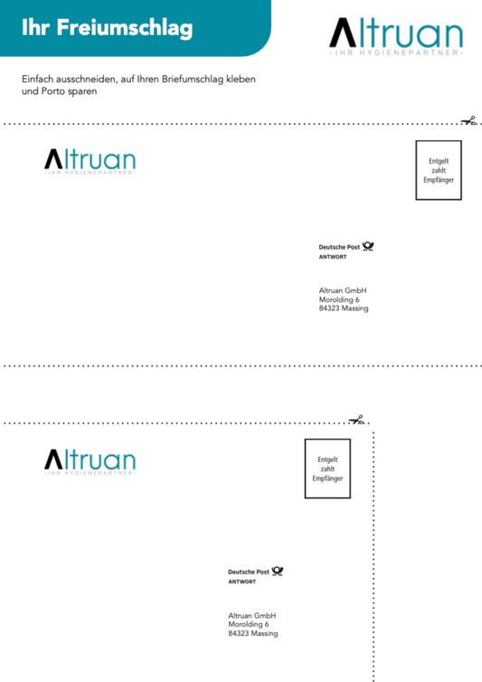 Eine Seite mit zwei Musteradressetiketten für die Altruan GmbH, einschließlich des Firmenlogos, der Adresse in Massing und des deutschen Posttextes für Antwortsendungen. Eine Anleitung in deutscher Sprache befindet sich oben links.