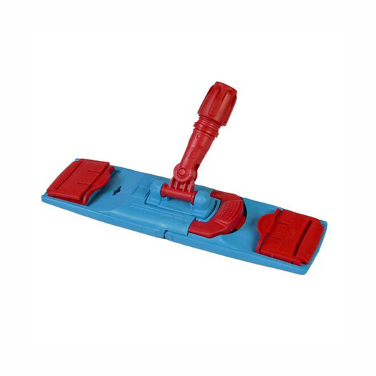 Der Arcora Profi Mopp-Klapphalter Laschen System von Arcora International GmbH ist ein blau-roter, rechteckiger Mopphalter mit zentraler, schwenkbarer Halterung, ideal für die effiziente Bodenreinigung mit dem Laschen System.