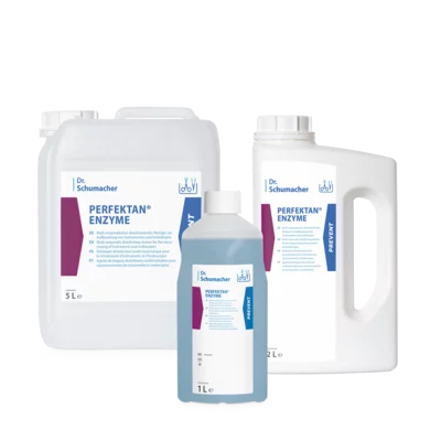 Three white plastic containers from Dr. Schumacher GmbH PERFEKTAN® ENZYME (5L, 2L, 1L) - with blue and violet labels - are displayed, ideal for the enzymatic cleaning of medical instruments.