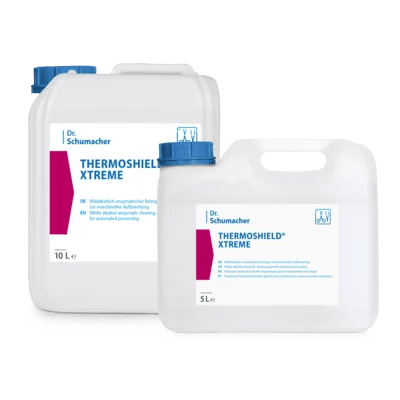 Two white plastic containers from Dr. Schumacher THERMOSHIELD® XTREME by Dr. Schumacher GmbH, a 10L and a 5L container, are pictured side by side, with blue caps and labels containing the product name and surface protection information.