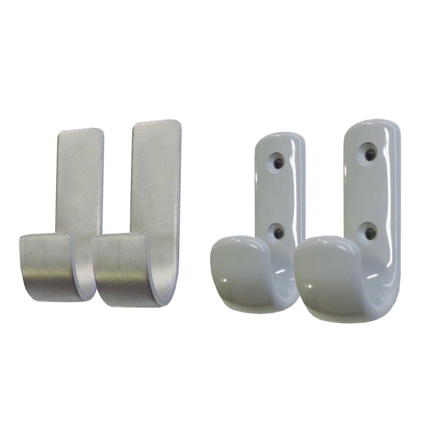 On the left, simple metal hooks; on the right, two Novocal Planetten hooks made of stainless steel: white, round, each with two mounting holes. Each package contains 2 pieces per set.