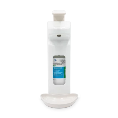 Der Dr. Schumacher Wandspender SPE 500 (500 ml) der Dr. Schumacher GmbH ist ein weißer, automatischer Wandspender mit einer sichtbaren Flasche und einer Tropfschale am Boden.