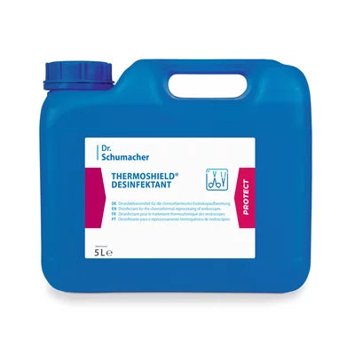 Ein blauer 5-Liter-Kunststoffkanister mit der Aufschrift "Dr. Schumacher THERMOSHIELD DESINFEKTANT" (von Dr. Schumacher GmbH) mit Griff, Schraubverschluss, Hygienesymbolen und einem roten "PROTECT"-Streifen auf der rechten Seite für hygienische Sauberkeit.