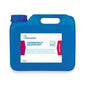 A blue 5-liter plastic canister labeled "Dr. Schumacher THERMOSHIELD DISINFECTANT" (by Dr. Schumacher GmbH) with a handle, screw cap, hygiene symbols, and a red "PROTECT" stripe on the right side for hygienic cleanliness.