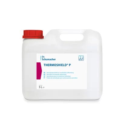 A 5-liter white plastic canister with a red screw-on cap and handle, labeled "Dr. Schumacher THERMOSHIELD P | Canister (5 l)", a water-based waterproofing treatment for textiles and leather manufactured by Dr. Schumacher GmbH, with multilingual instructions on the label.