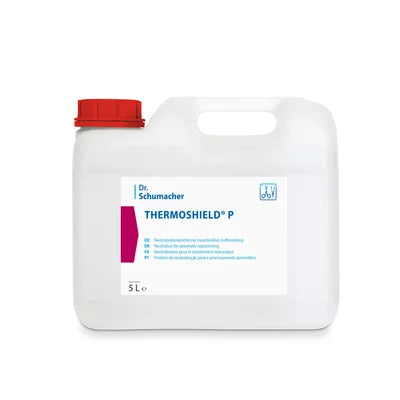 Ein 5-Liter-Kanister aus weißem Kunststoff mit rotem Schraubverschluss und Griff, beschriftet mit "Dr. Schumacher THERMOSHIELD P | Kanister (5 l)", eine wasserbasierte Imprägnierung für Textilien und Leder der Dr. Schumacher GmbH, mit mehrsprachiger Etikettenanleitung.