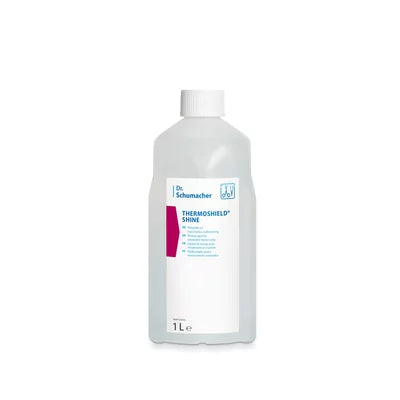 Eine transparente 1-Liter-Kunststoffflasche der Dr. Schumacher GmbH mit weißem Verschluss und der Aufschrift "Dr. Schumacher THERMOSHIELD SHINE | Flasche (1 l)" steht aufrecht vor weißem Hintergrund.