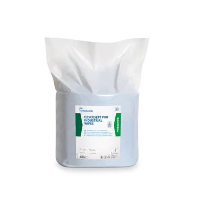 Eine versiegelte Packung blauer Dr. Schumacher DESCOSEPT PUR INDUSTRIAL WIPES der Dr. Schumacher GmbH, abgebildet auf einem schlichten weißen Hintergrund, mit weißer und grüner Beschriftung, ist ideal für die Maschinen- und Werkzeugpflege.
