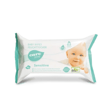 A pack of Dr. Schumacher CAREZONE BABYWIPES SENSITIVE (80 wipes) from Dr. Schumacher GmbH with white and blue-green design, a smiling baby face, and bilingual text in German and English, ideal for sensitive baby skin.