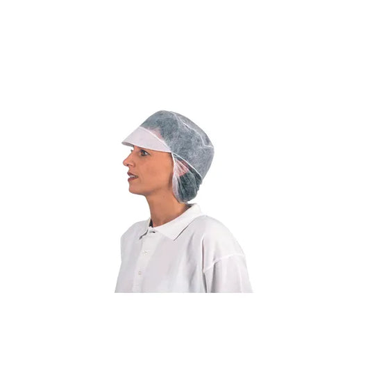 Eine Person trägt ein weißes Hemd mit Kragen und AMPri PP-Mützen mit Schirm u. Haarnetz, weiß, Gr. M (Box 100 Stück), dargestellt im Profil vor weißem Hintergrund - ideal für die Lebensmittelindustrie.