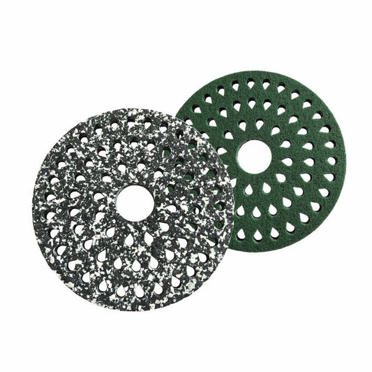 Zwei Arcora Pu-Pads Light (Waterdrop System) für kleine Scheuersaugmaschinen: eins schwarz-weiß gesprenkelt, eins einfarbig grün, beide rund mit Mittelloch. Ideal für die Unterhaltsreinigung durch Arcora International GmbH.