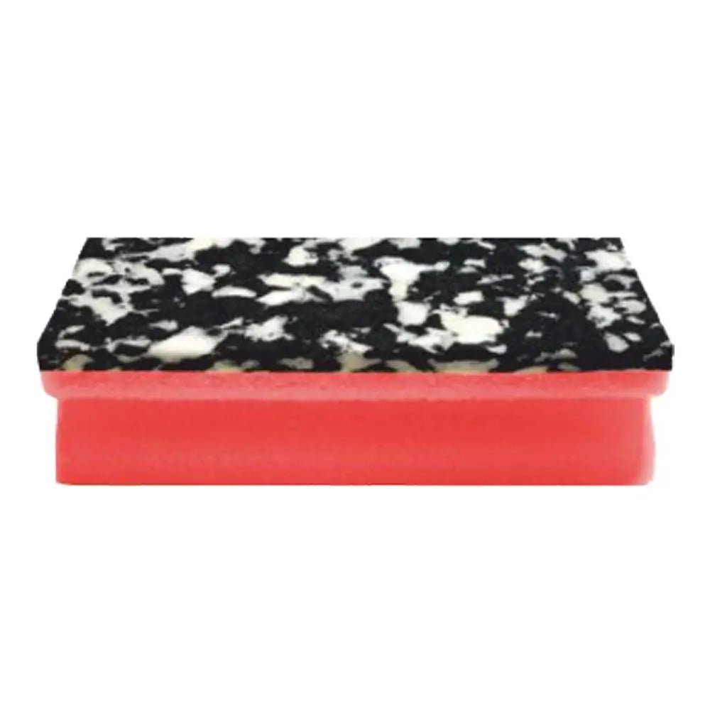 The Arcora PU-PAD SPONGE (150 x 70 x 45 mm) from Arcora International GmbH is a rectangular sponge with a black and white speckled scrubbing surface on top and a solid red PU foam layer on the bottom. Available in packs of 10.