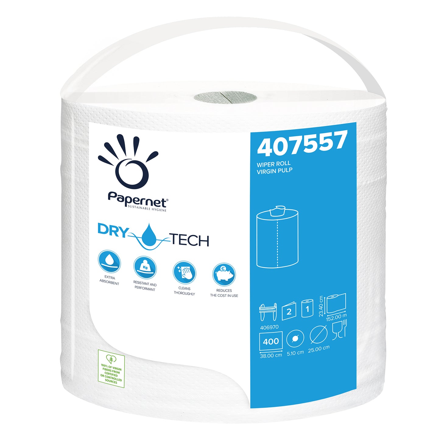 Eine Rolle Papernet Industriepapier-Rolle 407557 von Sofidel Germany GmbH zeichnet sich durch die „Dry Tech Technologie“ auf der Verpackung aus. Sie ist mit Recyclingsymbolen versehen und enthält 400 Blatt, was für Effizienz und Nachhaltigkeit sorgt. Die weiße Rolle misst 380 cm x 51,0 cm x 25,0 cm und ist damit eine ideale Wahl für den industriellen Einsatz.