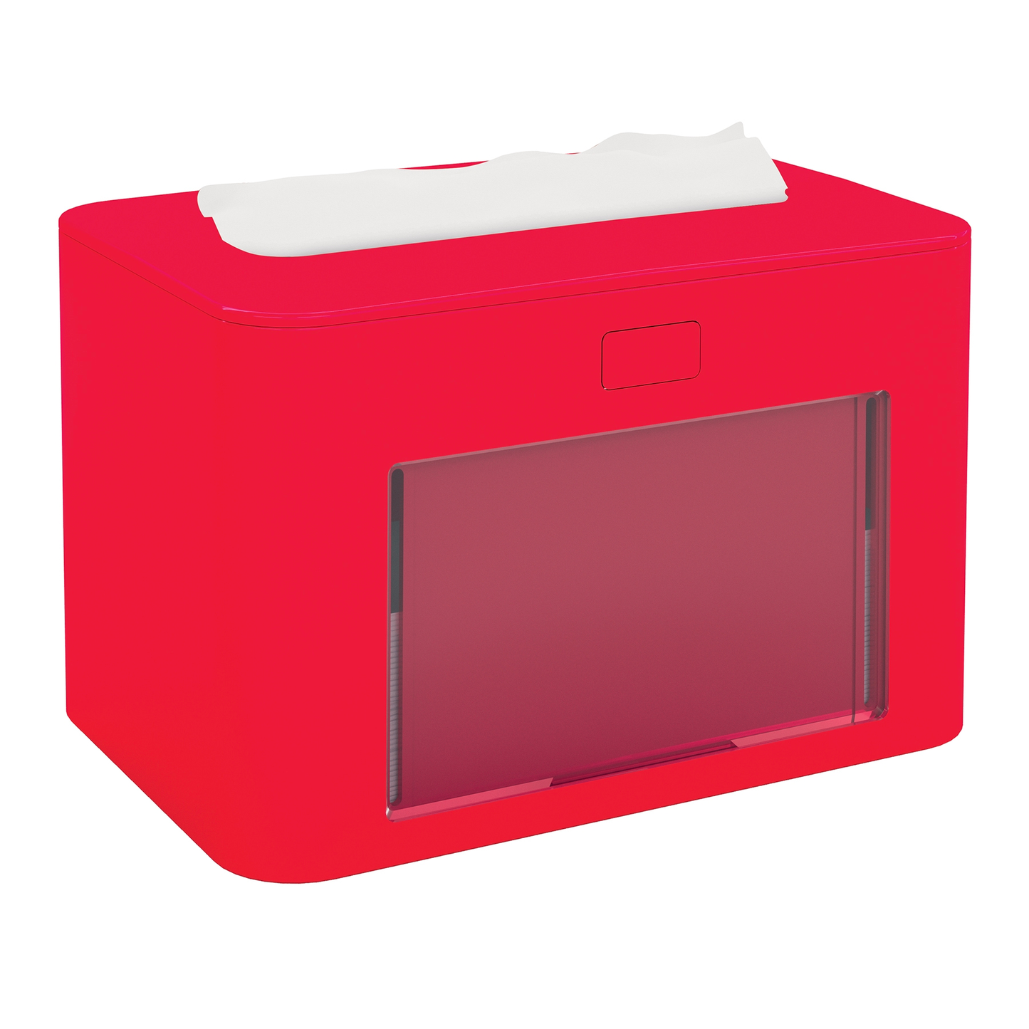 The Papernet antibacterial dispenser for V-fold napkins Superior with Ready Table technology from Sofidel Germany GmbH is a red, rectangular tissue dispenser with a transparent front panel. It features an elegant, modern design that fits perfectly in any environment. A white tissue is partially pulled out from the top, showcasing its practical and antibacterial effect.