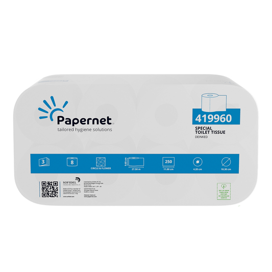 Eine Packung Papernet Toilettenpapier 419960, 3-lagig | Packung (8 Rollen). Die 3-lagige Packung enthält 8 Rollen mit je 250 Blatt aus deinktem Papier. Informationen zu Länge, Breite und Umweltzertifizierungen des Produkts finden Sie auf der Verpackung.