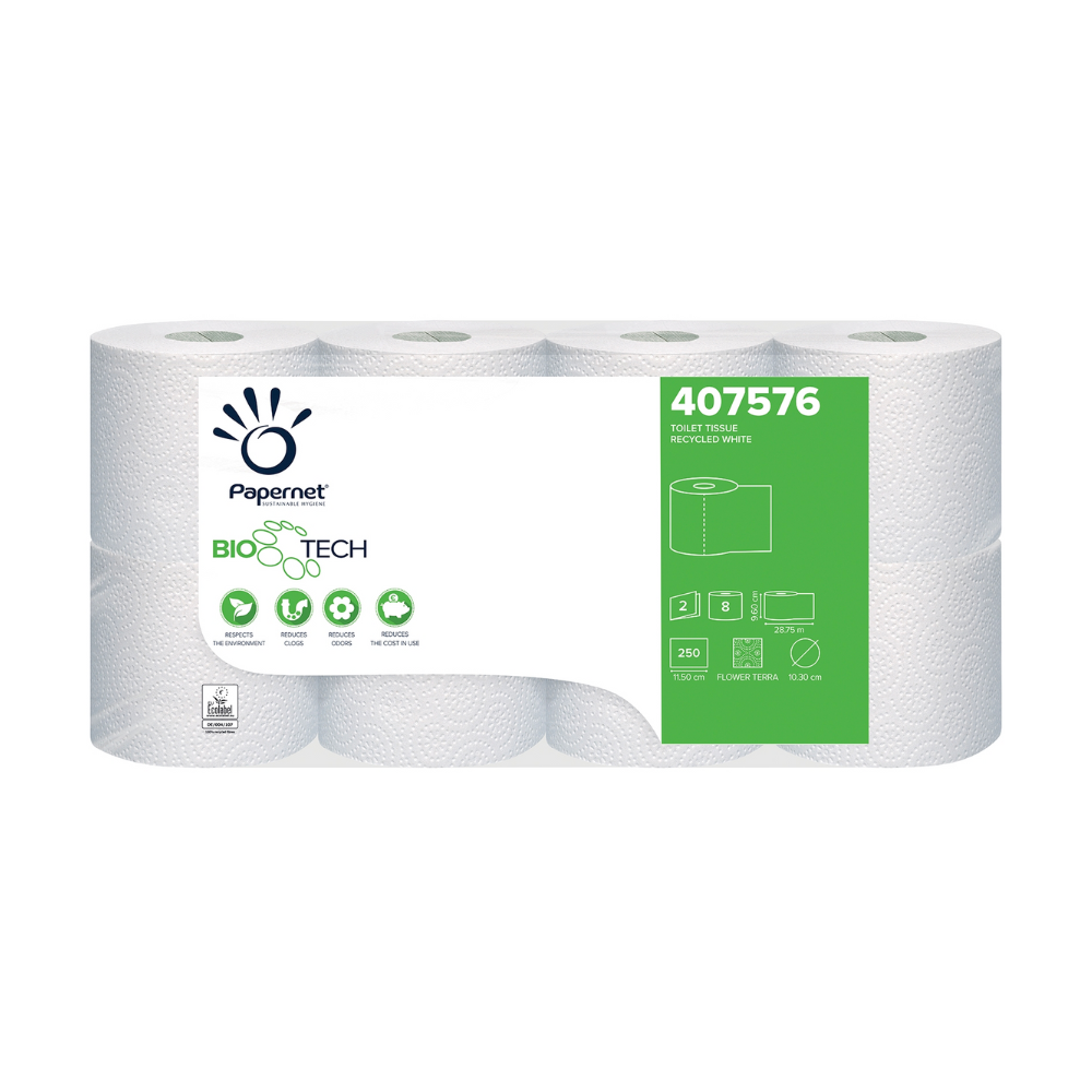 The image shows a pack of eight rolls of Papernet toilet paper with Bio Tech technology, manufactured by Sofidel Germany GmbH. The packaging indicates the use of recycled materials and is adorned with eco-friendly symbols. With the product code 407576, it highlights its biologically active technology for combating pathogenic bacteria.