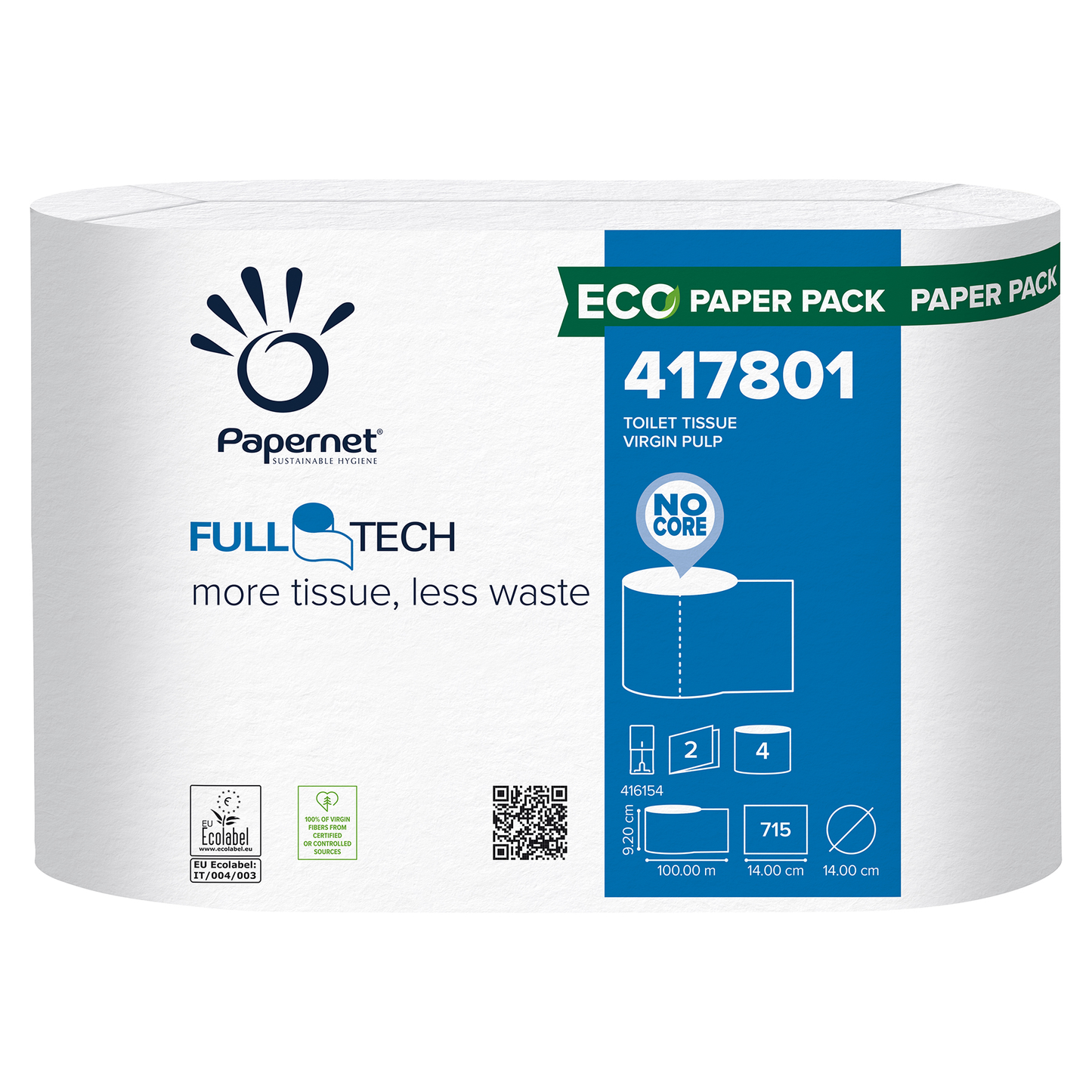 A pack of Papernet toilet paper with Full Tech Technology, 417801 – 4 rolls by Sofidel Germany GmbH impresses with its two-layer design, promising more paper with less waste. The Eco Paper Pack contains innovative antibacterial packaging material as well as product specifications and a user-friendly QR code.