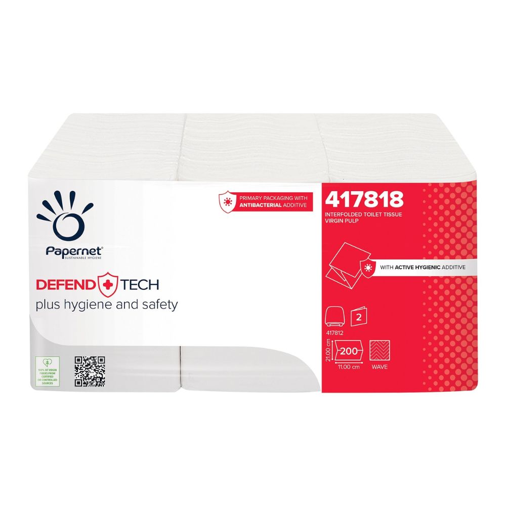 Das Papernet 417818 Einzelblatt-Toilettenpapier der Sofidel Germany GmbH verfügt über 200 Blatt pro Packung und Defend Tech Technologie mit antibakteriellem Zusatz für Hygiene und Sicherheit. Die Verpackung ist überwiegend weiß und rot.