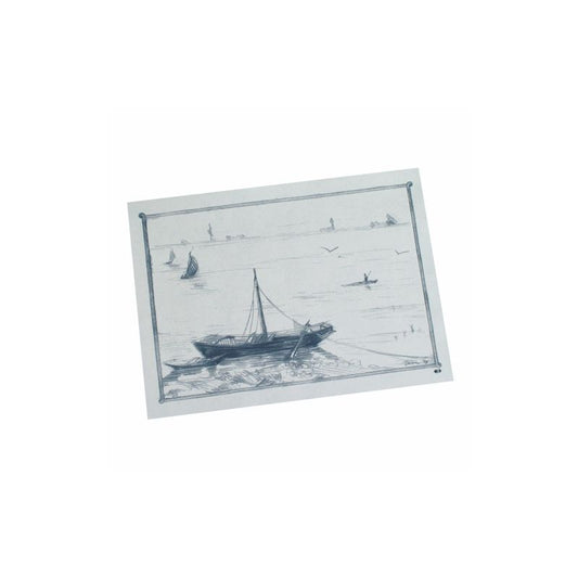 Eine einfarbige Skizze eines am Ufer verankerten Bootes mit Segeln und fernen Vögeln ziert diese 100 Tischsets (Papier, 30 x 40 cm) der PAPSTAR GmbH - perfekt, um künstlerisches Flair auf den Tisch zu bringen.
