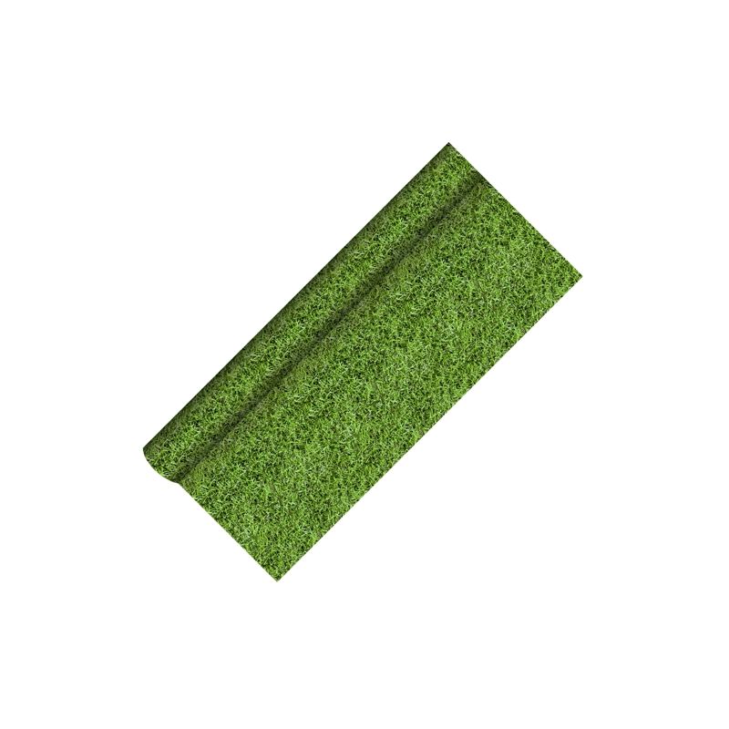 A piece of artificial turf on a white background, rolled with a visible edge, resembles the texture of the PAPSTAR tablecloth paper 5 m x 1.2 m from PAPSTAR GmbH.