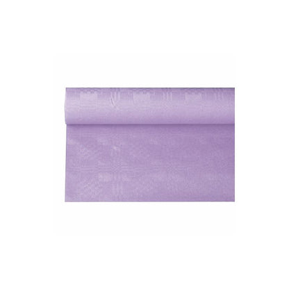Ein PAPSTAR Papiertischtuch mit Damastprägung in einem hellen Lilaton, der an einen festlichen Anlass erinnert, entrollt sich elegant auf weißem Untergrund und offenbart seine glatte Oberfläche und gleichmäßige Farbe mit seinem dezenten Damastmuster.