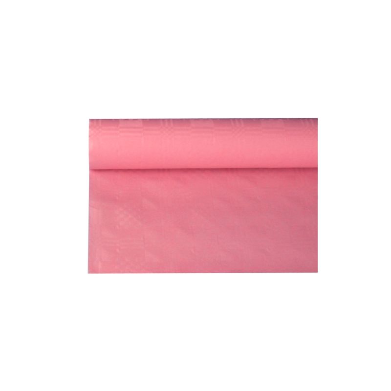 Eine Rolle PAPSTAR Papiertischtuch mit Damastprägung von PAPSTAR GmbH, perfekt geeignet für Tischdekoration, ist auf weißem Untergrund teilweise ausgerollt. Das Material zeichnet sich durch eine glatte Textur und einen leichten Glanz aus und eignet sich daher ideal für die Schaffung eines eleganten Ambientes.