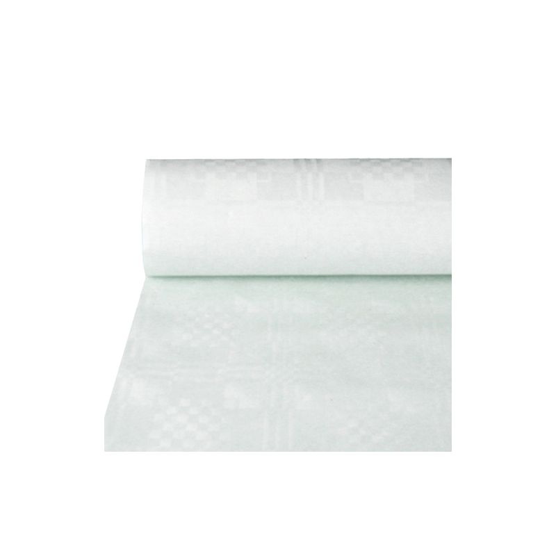 A roll of the light green paper tablecloth with damask embossing from PAPSTAR GmbH, with a length of 25 meters, is partially unrolled and laid flat on a plain white background, making it perfect for an elegant table decoration.