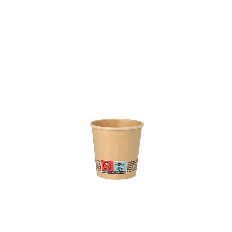 A small, simple brown cardboard cup from PAPSTAR GmbH, called PAPSTAR Drinking Cup Cardboard 0.1 l Ø 6 cm brown, is FSC® certified and biodegradable. It is marked on the side with a warning symbol and a recycling sign. The empty cup is centered against a bright white background.