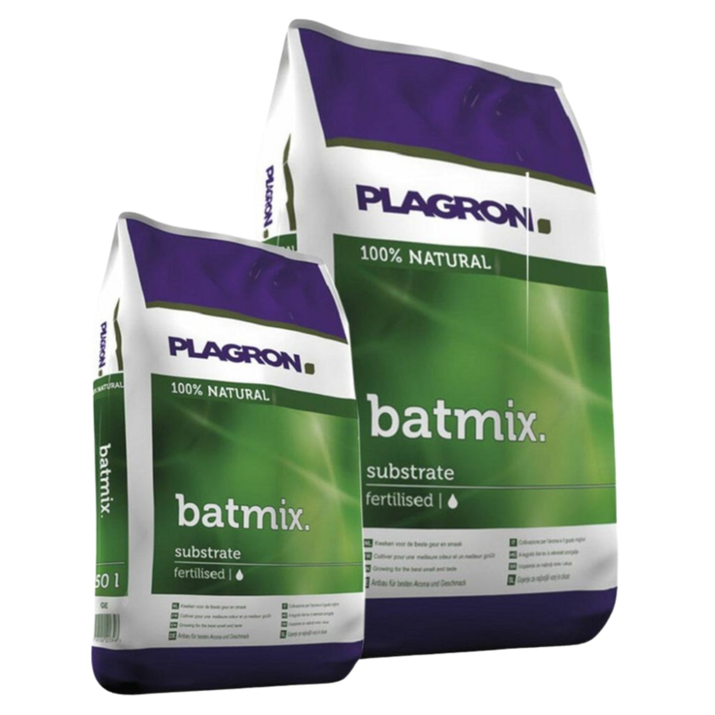 Two bags of Plagron Batmix from Bertels B.V. in green and purple packaging display the Batmix logo, are labeled as 100% natural, fertilized with peat types for improved plant growth, and available in various sizes with detailed information on the packaging.