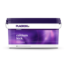A rectangular 10-kg plastic container from Bertels B.V. labeled “Plagron Calcium Kick” has a purple lid and a gradient-colored handle; this mineral soil conditioner improves soil structure and acts as a pH regulator.